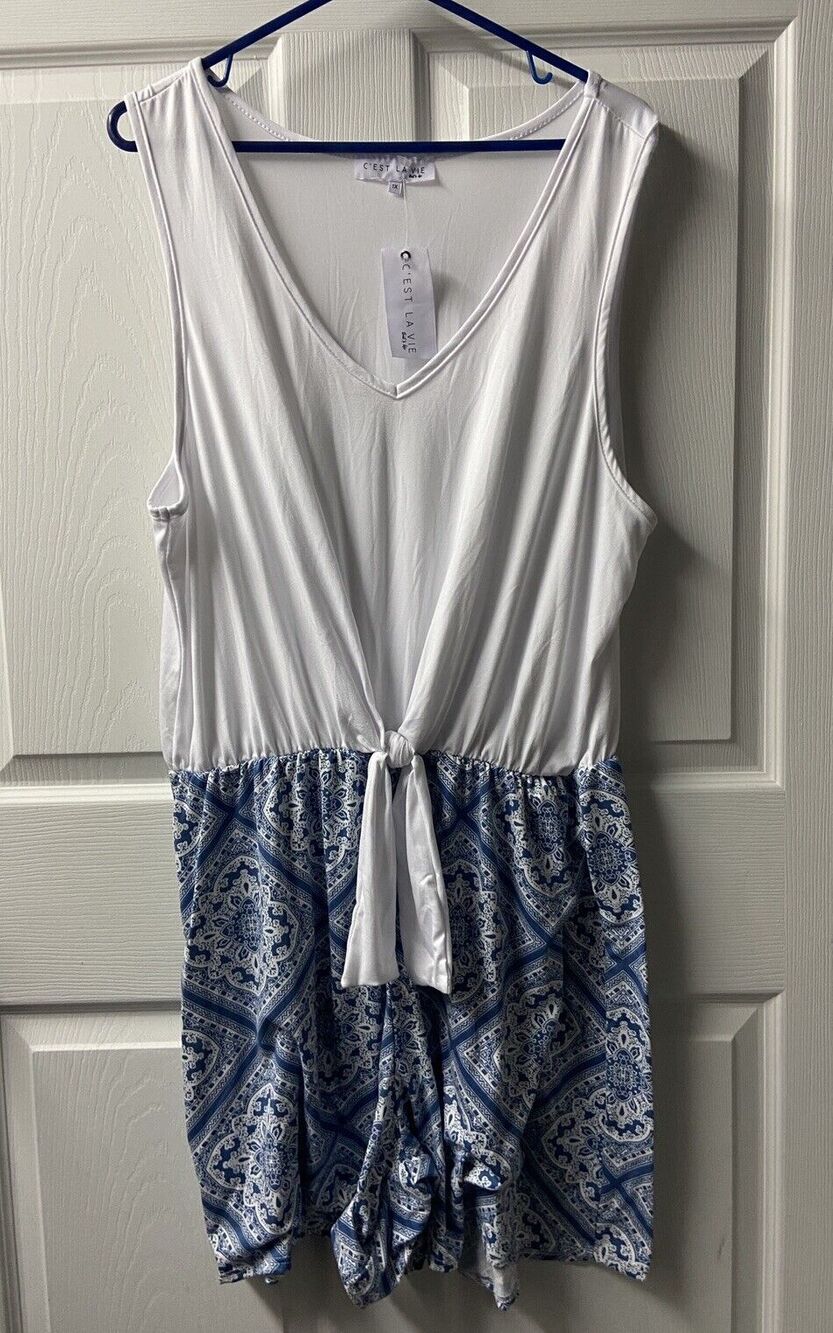 Cest Lavie Sleeveless Romper Womens Plus Size 1X White Blue NWT Ties